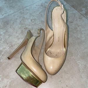 Charlotte Olympia Gold Platform Round Toe Heels in Nude